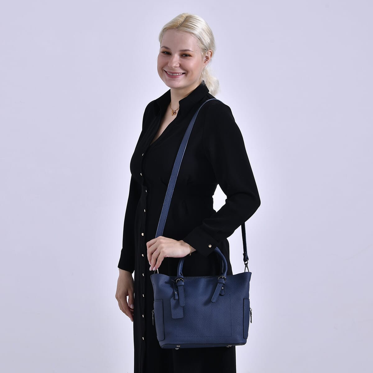 Navy Genuine Leather Crossbody Bag with Adjustable Shoulder Strap image number 1