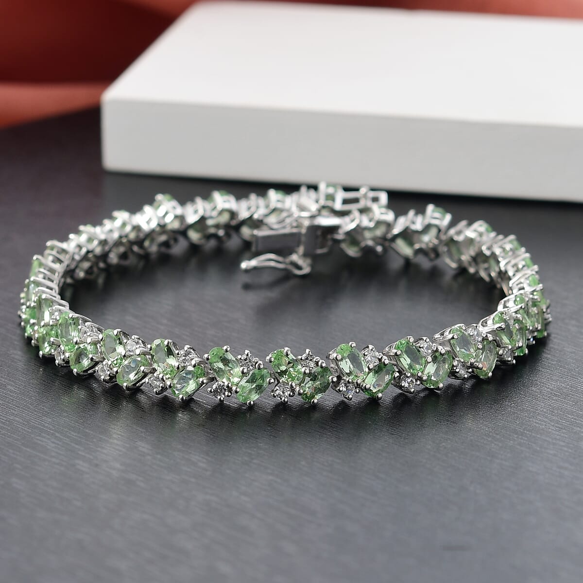 D'Joy Tsavorite Garnet and White Zircon 14.75 ctw Bracelet in Rhodium Over Sterling Silver (7.25 In) image number 1