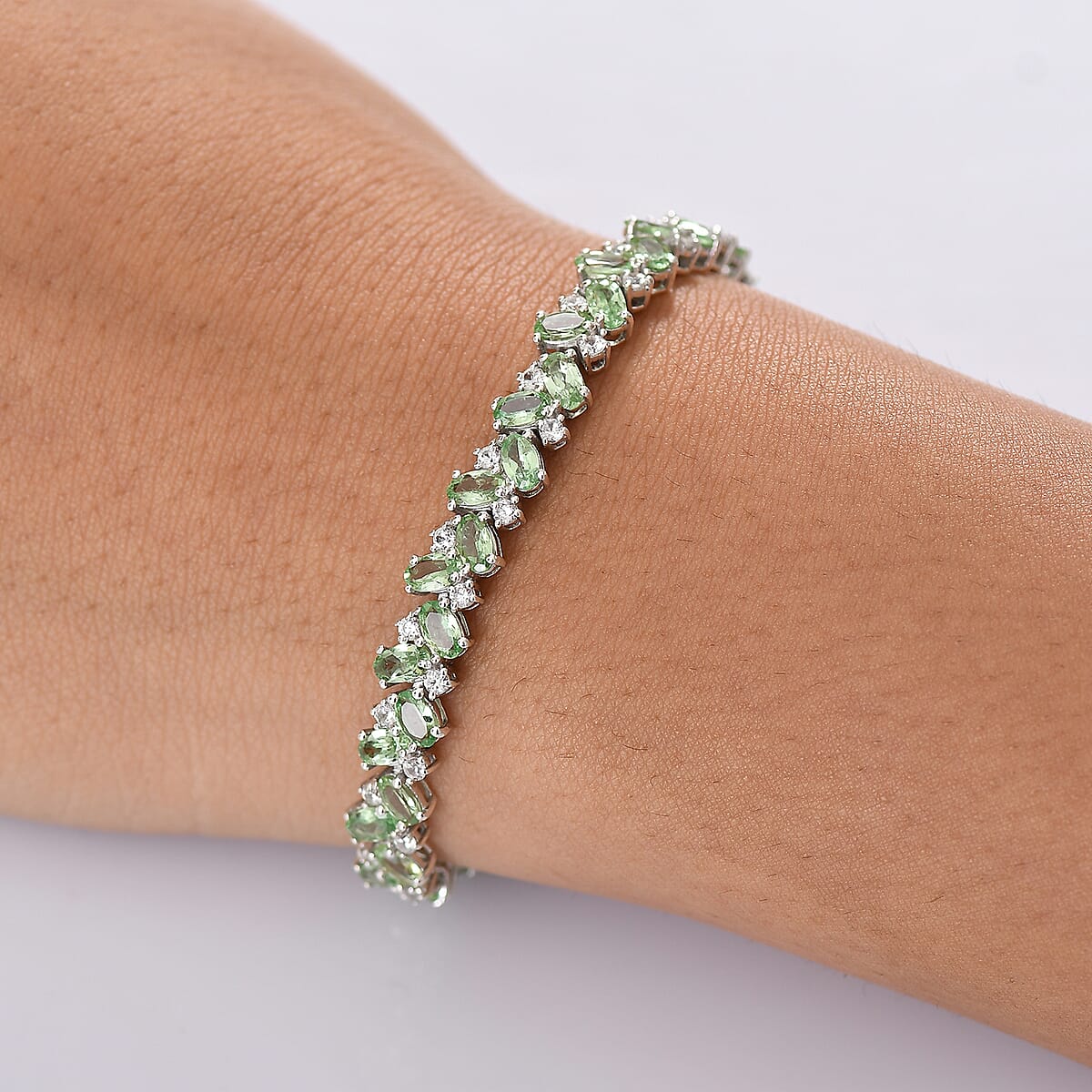 D'Joy Tsavorite Garnet and White Zircon 13.00 ctw Sea Waves Bracelet in Rhodium Over Sterling Silver (6.50 In) image number 2