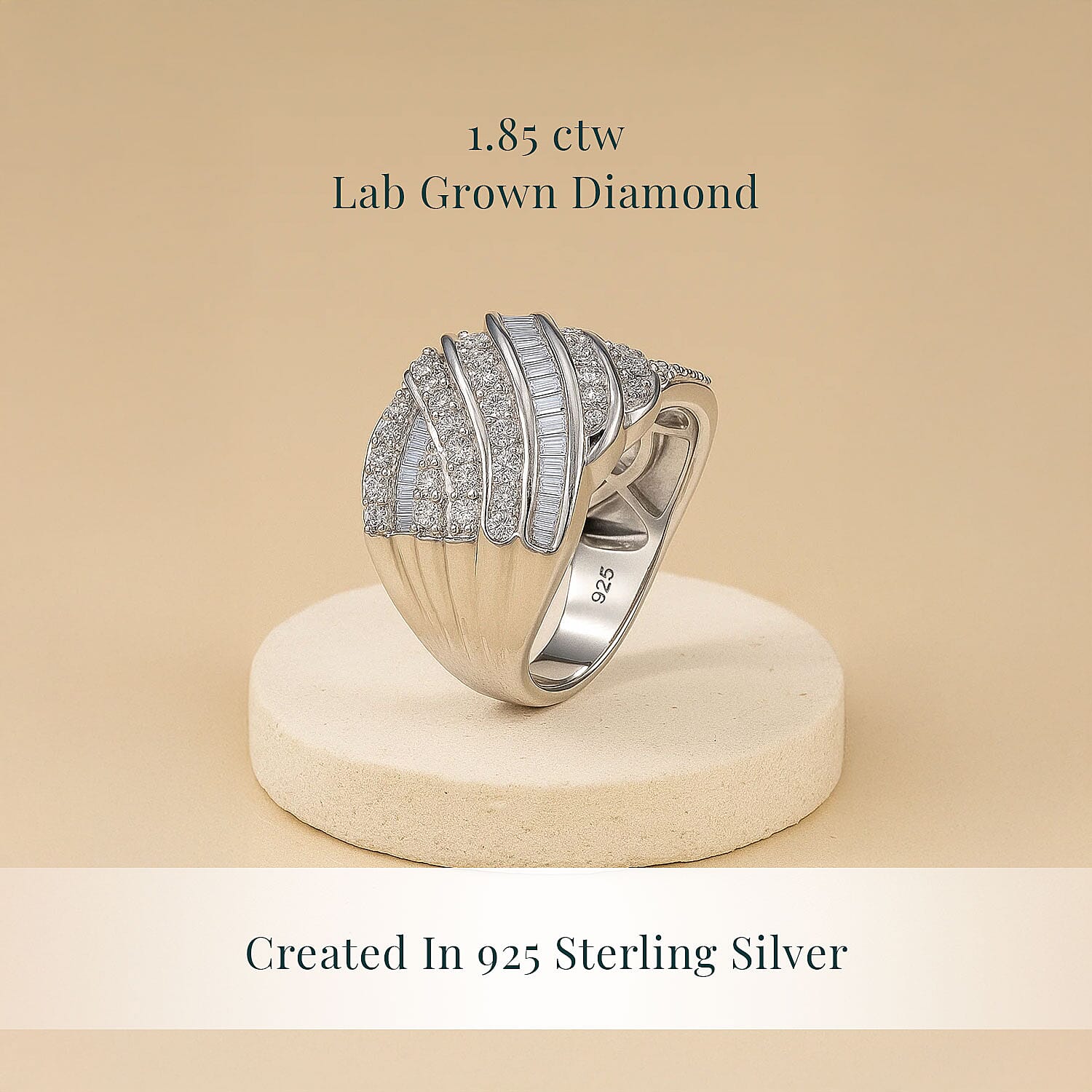 Luxuriant Lab Grown Diamond G-H SI 1.85 ctw Fluid Wave Ring in Rhodium Over Sterling Silver (Size 6.0)