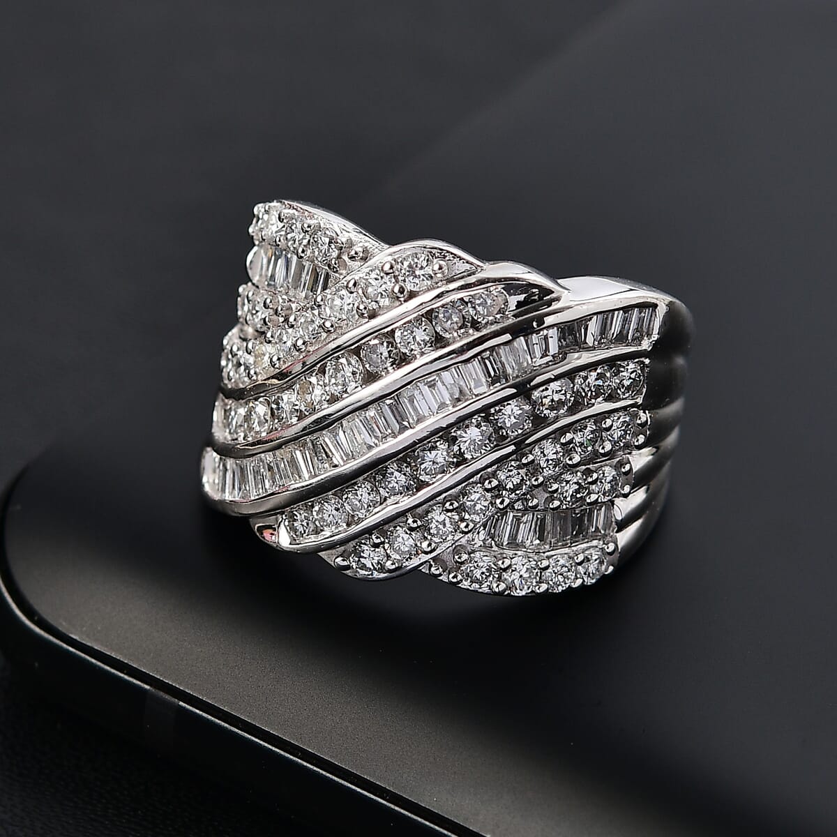 Luxuriant Lab Grown Diamond G-H SI 1.85 ctw Fluid Wave Ring in Rhodium Over Sterling Silver (Size 9.0) image number 1