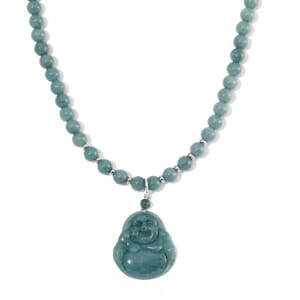 Natural Olmec Jadeite 310.00 ctw Carved Buddha Pendant with Beaded Necklace in Rhodium Over Sterling Silver 20 Inches
