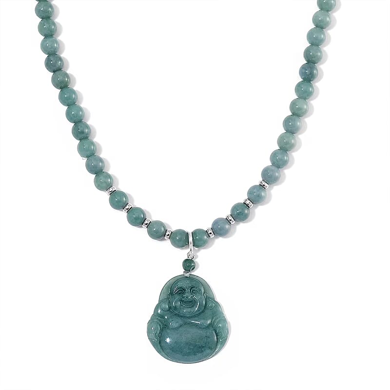 Natural Olmec Jadeite 310.00 ctw Carved Buddha Pendant with Beaded Necklace in Rhodium Over Sterling Silver 20 Inches