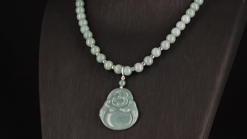 Natural Olmec Jadeite 310.00 ctw Carved Buddha Pendant with Beaded Necklace in Rhodium Over Sterling Silver 20 Inches