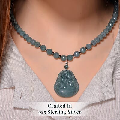 Natural Olmec Jadeite 310.00 ctw Carved Buddha Pendant with Beaded Necklace in Rhodium Over Sterling Silver 20 Inches