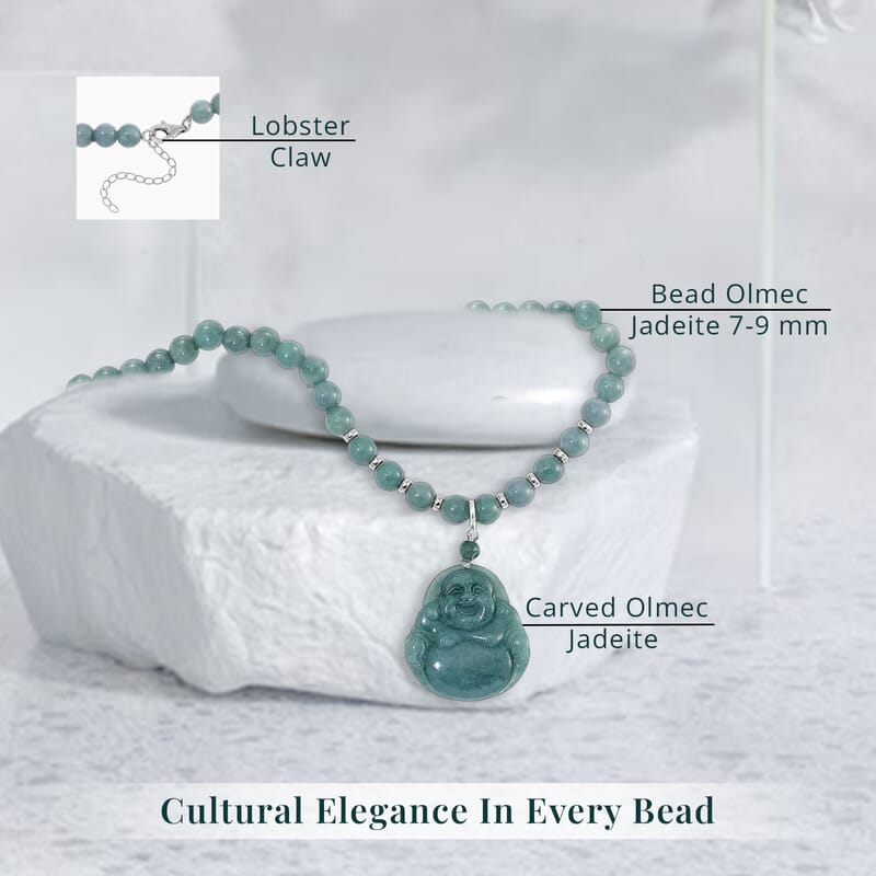 Natural Olmec Jadeite 310.00 ctw Carved Buddha Pendant with Beaded Necklace in Rhodium Over Sterling Silver 20 Inches