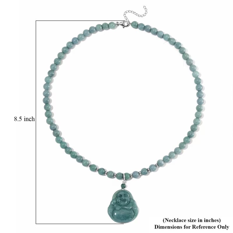 Natural Olmec Jadeite 310.00 ctw Carved Buddha Pendant with Beaded Necklace in Rhodium Over Sterling Silver 20 Inches
