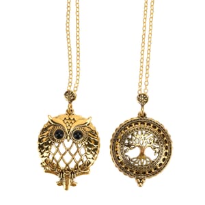 Set of 2 Vintage Hollow-out Owl and Tree of Life Necklace (36 Inches) with 5X Magnifying Mirror in Goldtone