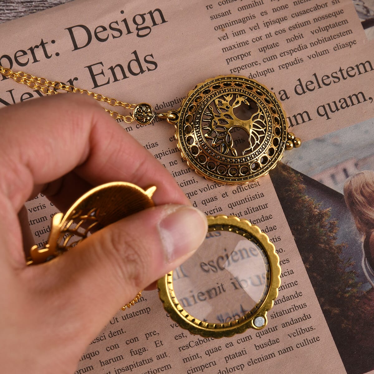 Set of 2 Vintage Hollow-out Owl and Tree of Life Necklace (36 Inches) with 5X Magnifying Mirror in Goldtone image number 1