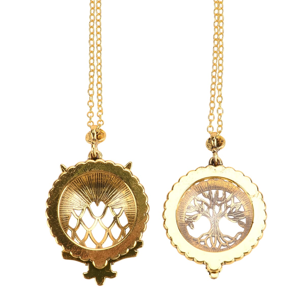 Set of 2 Vintage Hollow-out Owl and Tree of Life Necklace (36 Inches) with 5X Magnifying Mirror in Goldtone image number 2