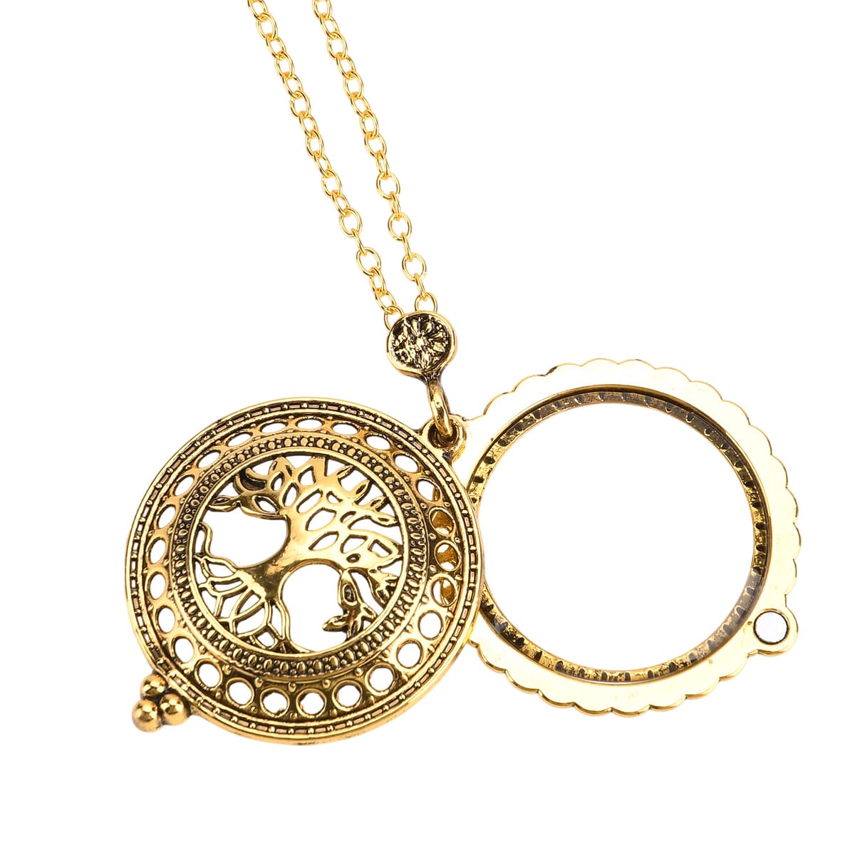 Set of 2 Vintage Hollow-out Owl and Tree of Life Necklace (36 Inches) with 5X Magnifying Mirror in Goldtone image number 4