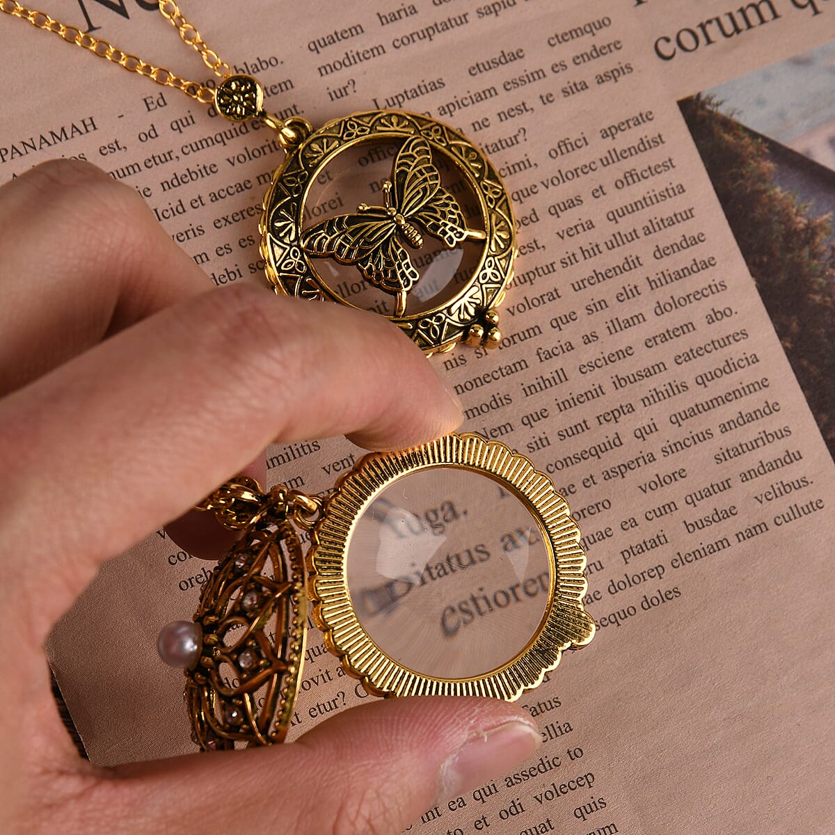 Set of 2 Vintage Hollow-out Butterfly and Floral Necklace (36 Inches) with 5X Magnifying Mirror in Goldtone image number 1