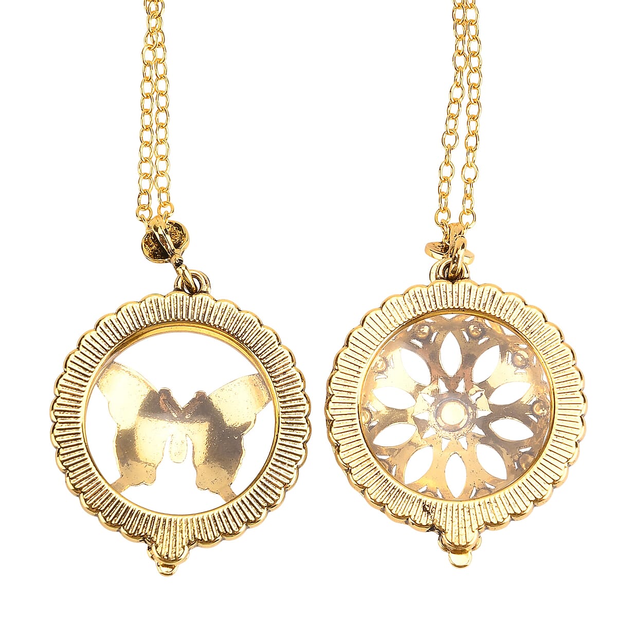 Set of 2 Vintage Hollow-out Butterfly and Floral Necklace (36 Inches) with 5X Magnifying Mirror in Goldtone image number 2