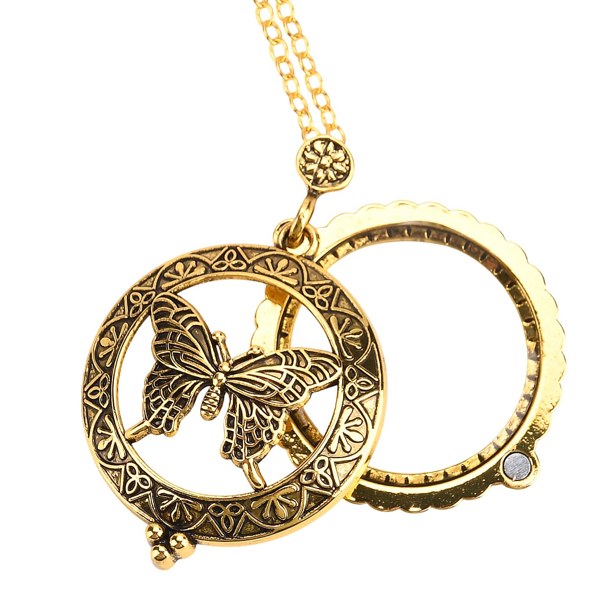 Set of 2 Vintage Hollow-out Butterfly and Floral Necklace (36 Inches) with 5X Magnifying Mirror in Goldtone image number 4