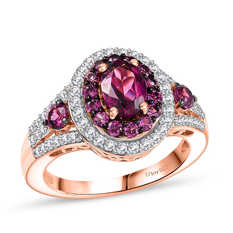 D'Joy Radiant Ember Garnet and White Zircon 2.35 ctw Celestial Halo Ring in 18K Vermeil Rose Gold Over Sterling Silver (Size 10.0)