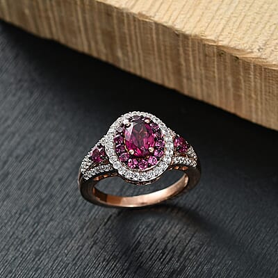 D'Joy Radiant Ember Garnet and White Zircon 2.35 ctw Celestial Halo Ring in 18K Vermeil Rose Gold Over Sterling Silver (Size 10.0)