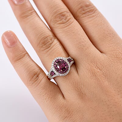 D'Joy Radiant Ember Garnet and White Zircon 2.35 ctw Celestial Halo Ring in 18K Vermeil Rose Gold Over Sterling Silver (Size 10.0)