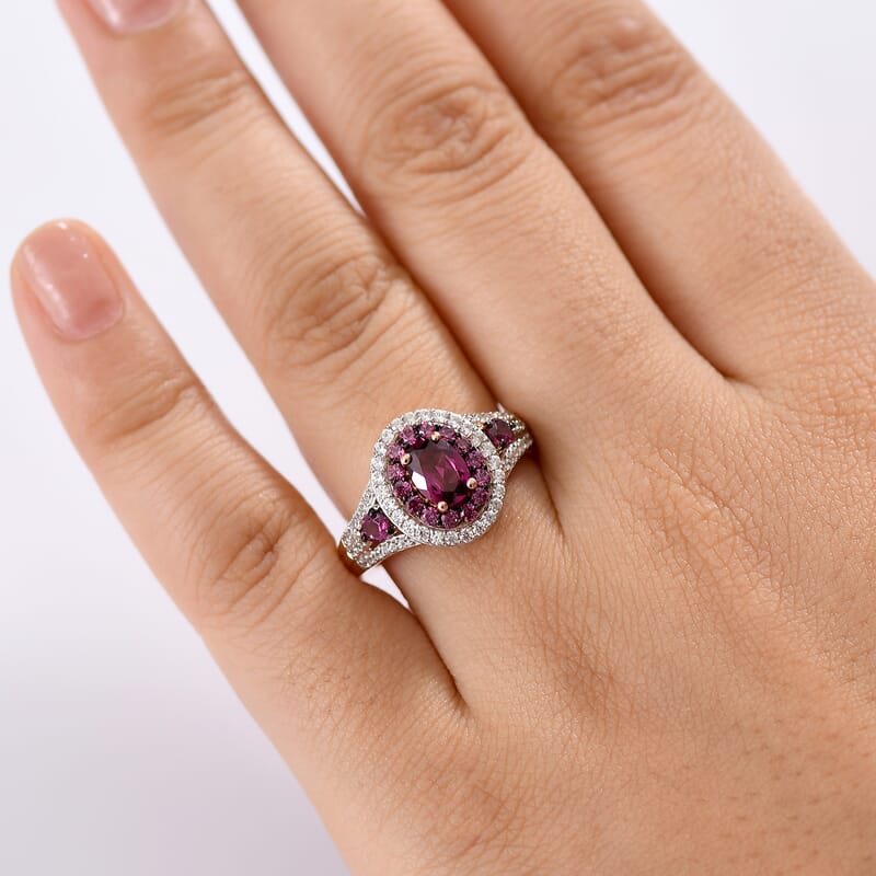 D'Joy Radiant Ember Garnet and White Zircon 2.35 ctw Celestial Halo Ring in 18K Vermeil Rose Gold Over Sterling Silver (Size 10.0)