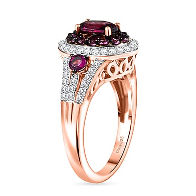 D'Joy Radiant Ember Garnet and White Zircon 2.35 ctw Celestial Halo Ring in 18K Vermeil Rose Gold Over Sterling Silver (Size 10.0)