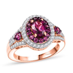D'Joy Radiant Ember Garnet and White Zircon 2.35 ctw Celestial Halo Ring in 18K Vermeil Rose Gold Over Sterling Silver (Size 6.0) 