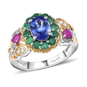 Premium Tanzanite and Multi Gemstone 2.30 ctw Floral Ring in 18K Vermeil YG and Rhodium Over Sterling Silver (Size 6.0)