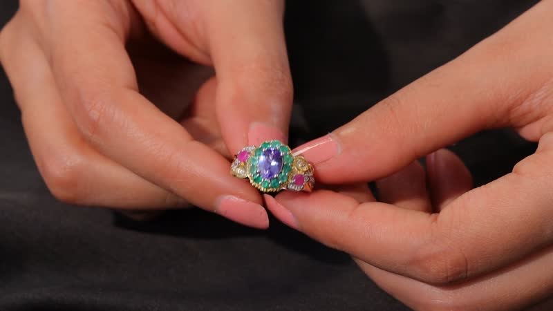 28th Apr TLV Premium Tanzanite, Multi Gemstone Floral Ring in 18K Vermeil YG and Rhodium Over Sterling Silver (Size 10.0) 2.30 ctw