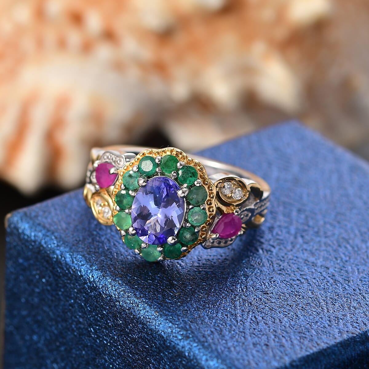 Premium Tanzanite and Multi Gemstone 2.30 ctw Floral Ring in 18K Vermeil YG and Rhodium Over Sterling Silver (Size 6.0) image number 1