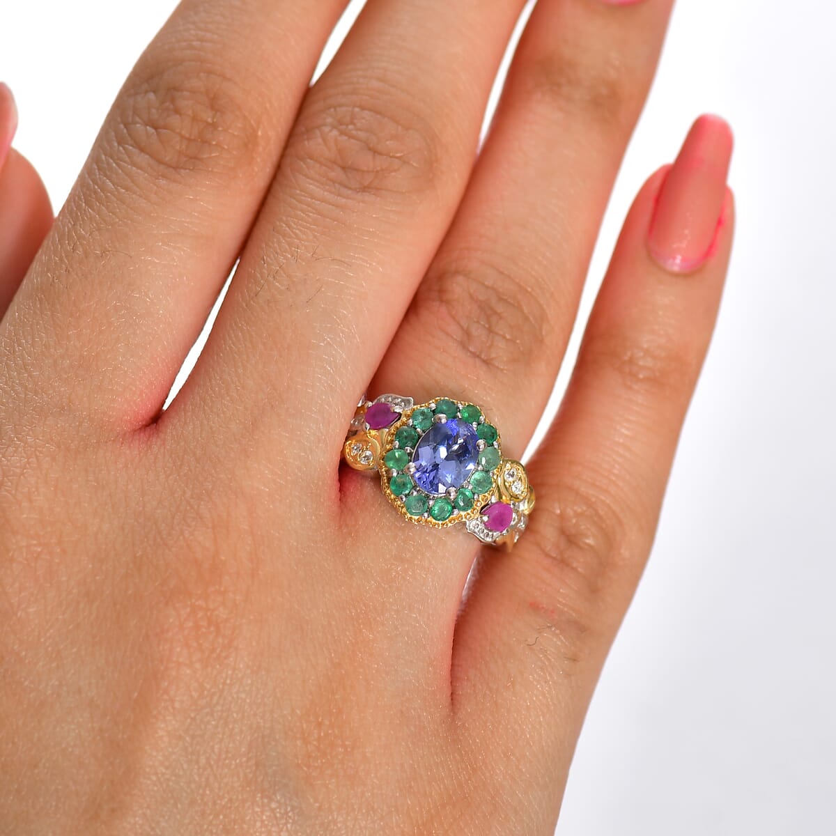 Premium Tanzanite and Multi Gemstone 2.30 ctw Floral Ring in 18K Vermeil YG and Rhodium Over Sterling Silver (Size 6.0) image number 2