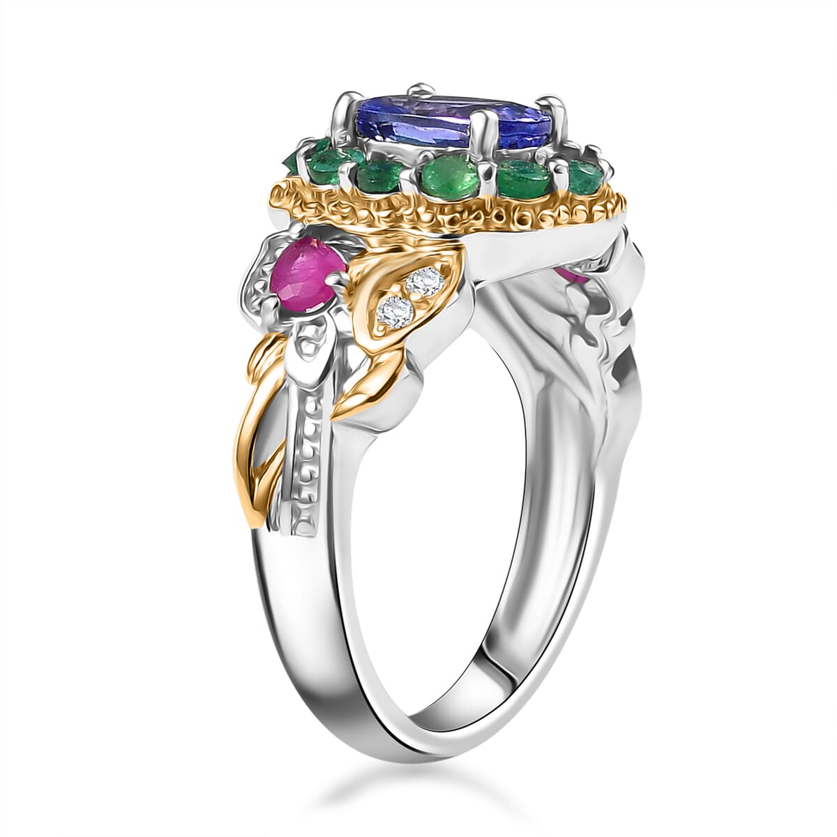 Premium Tanzanite and Multi Gemstone 2.30 ctw Floral Ring in 18K Vermeil YG and Rhodium Over Sterling Silver (Size 6.0) image number 3