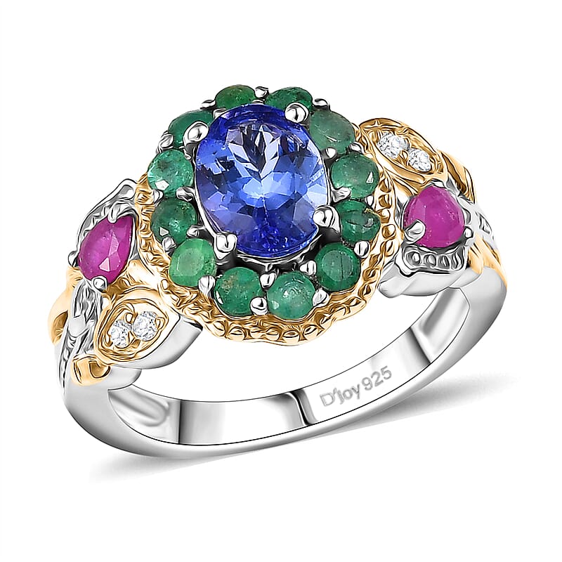 D'Joy Premium Tanzanite and Multi Gemstone 2.30 ctw Floral Ring in 18K Vermeil YG and Rhodium Over Sterling Silver (Size 7.0)