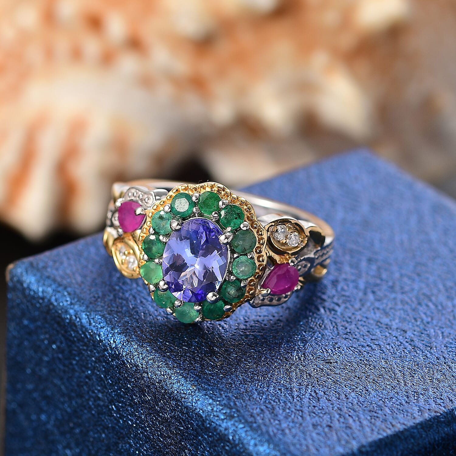 28th Apr TLV Premium Tanzanite, Multi Gemstone Floral Ring in 18K Vermeil YG and Rhodium Over Sterling Silver (Size 10.0) 2.30 ctw