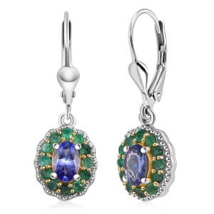 D'Joy Premium Tanzanite and Kagem Zambian Emerald 1.50 ctw Lever Back Earrings in 18K Vermeil YG and Rhodium Over Sterling Silver