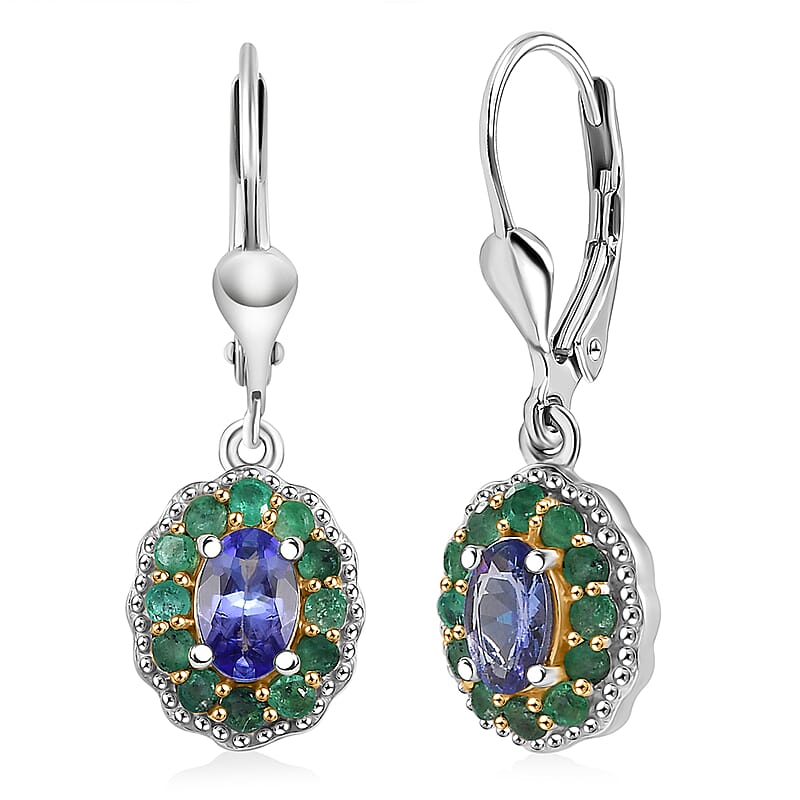 D'Joy Premium Tanzanite and Kagem Zambian Emerald 1.50 ctw Lever Back Earrings in 18K Vermeil YG and Rhodium Over Sterling Silver