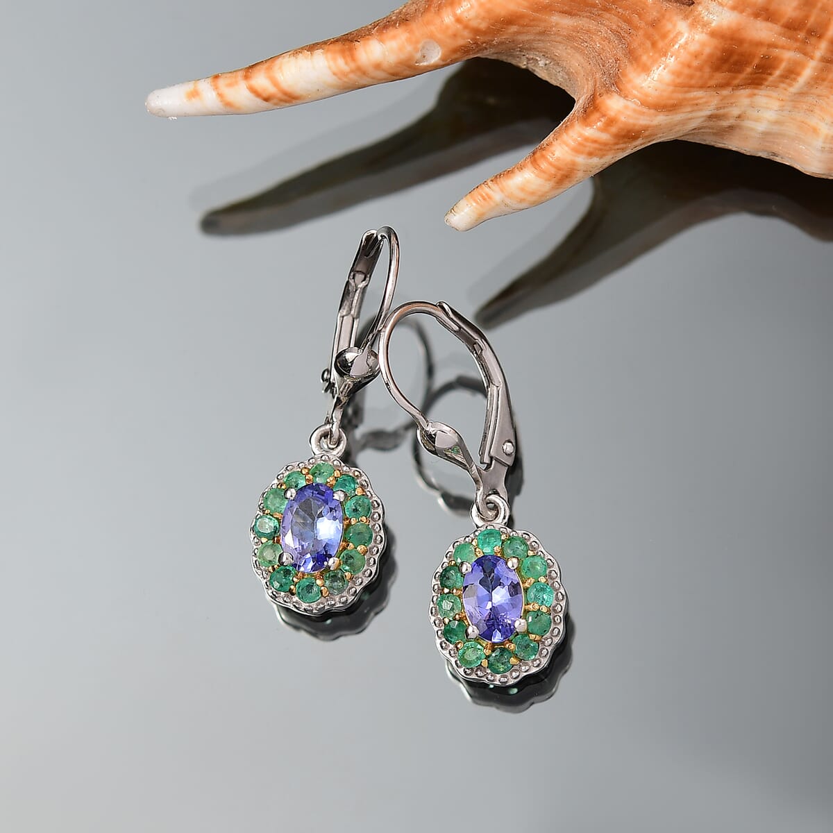 D'Joy Premium Tanzanite and Kagem Zambian Emerald 1.50 ctw Lever Back Earrings in 18K Vermeil YG and Rhodium Over Sterling Silver image number 1