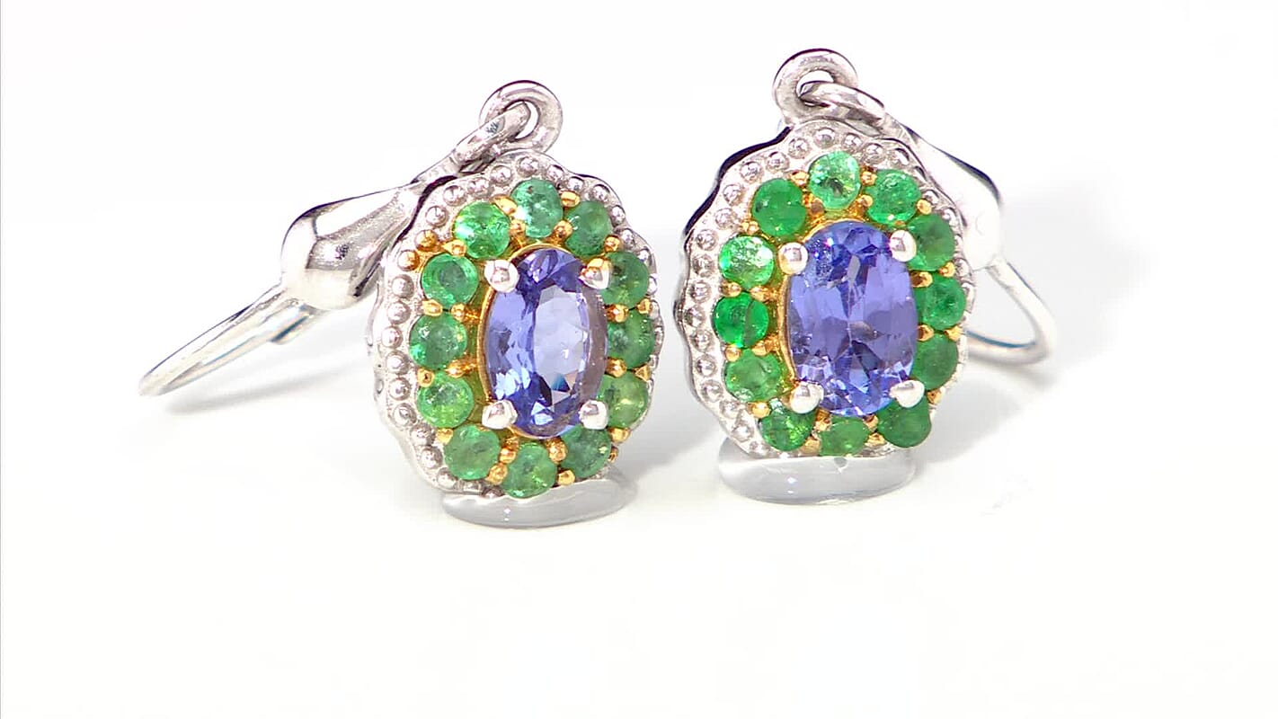 D'Joy Premium Tanzanite and Kagem Zambian Emerald 1.50 ctw Lever Back Earrings in 18K Vermeil YG and Rhodium Over Sterling Silver