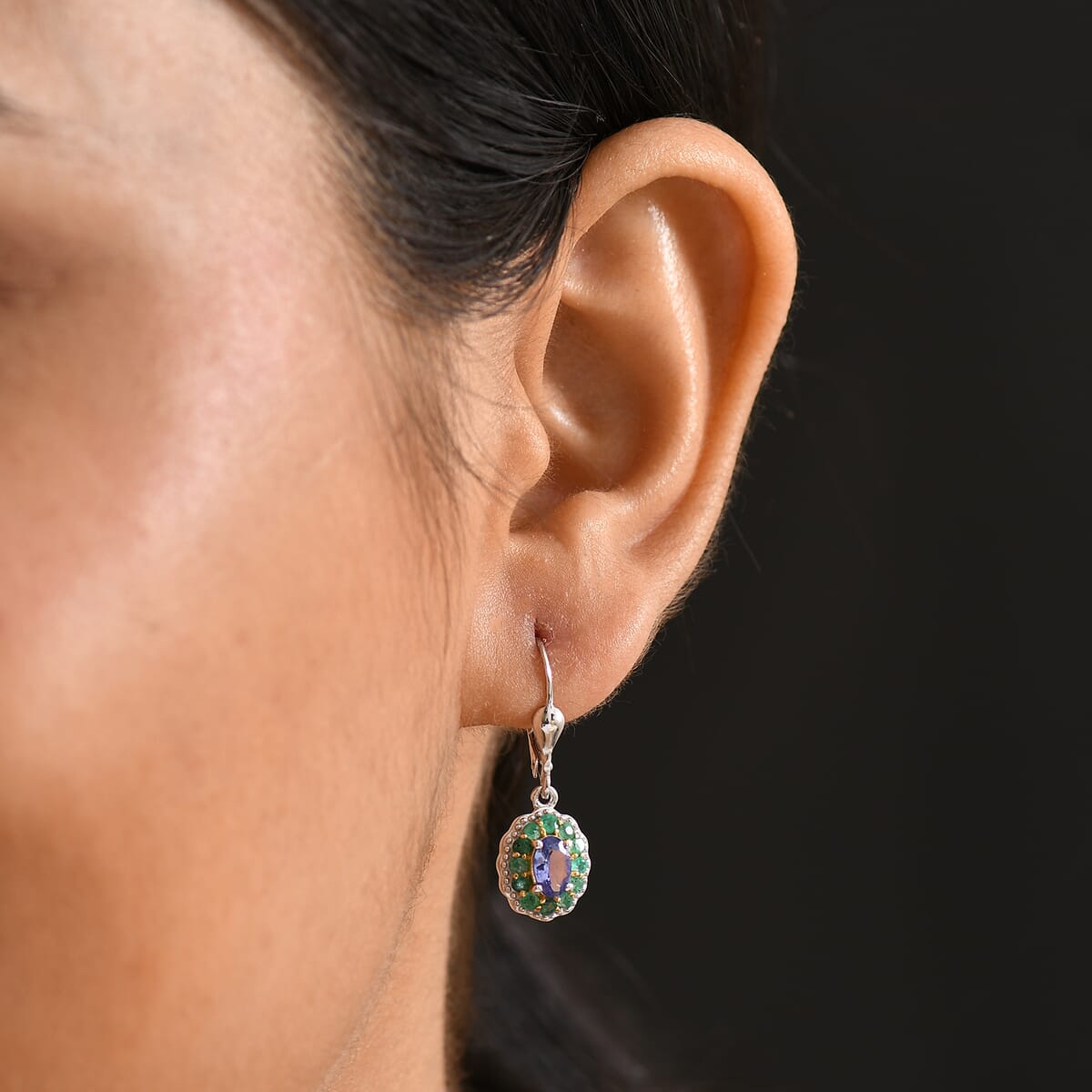 D'Joy Premium Tanzanite and Kagem Zambian Emerald 1.50 ctw Lever Back Earrings in 18K Vermeil YG and Rhodium Over Sterling Silver image number 2