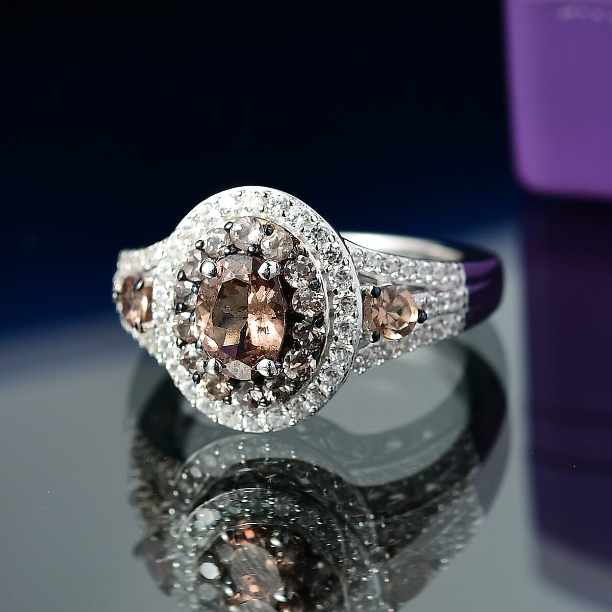 D'Joy Bekily Color Change Garnet and White Zircon 2.50 ctw Celestial Halo Ring in Rhodium Over Sterling Silver (Size 7.0) image number 1