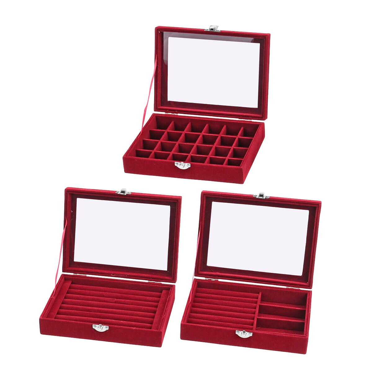 Set of 3 Wine Red Anti Tarnish Velvet and MDF Jewelry Box image number 4