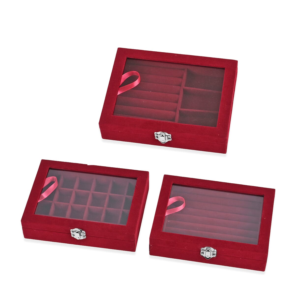 Set of 3 Wine Red Anti Tarnish Velvet and MDF Jewelry Box image number 5