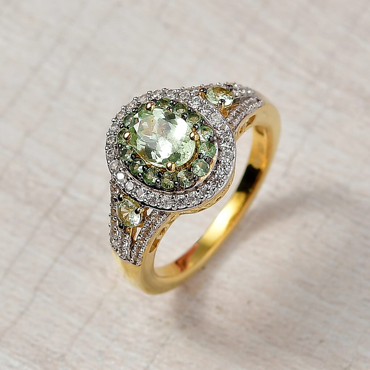 D'Joy Brazilian Mint Garnet and White Zircon 2.00 ctw Celestial Halo Ring in 18K Vermeil Yellow Gold Over Sterling Silver (Size 10.0) image number 1