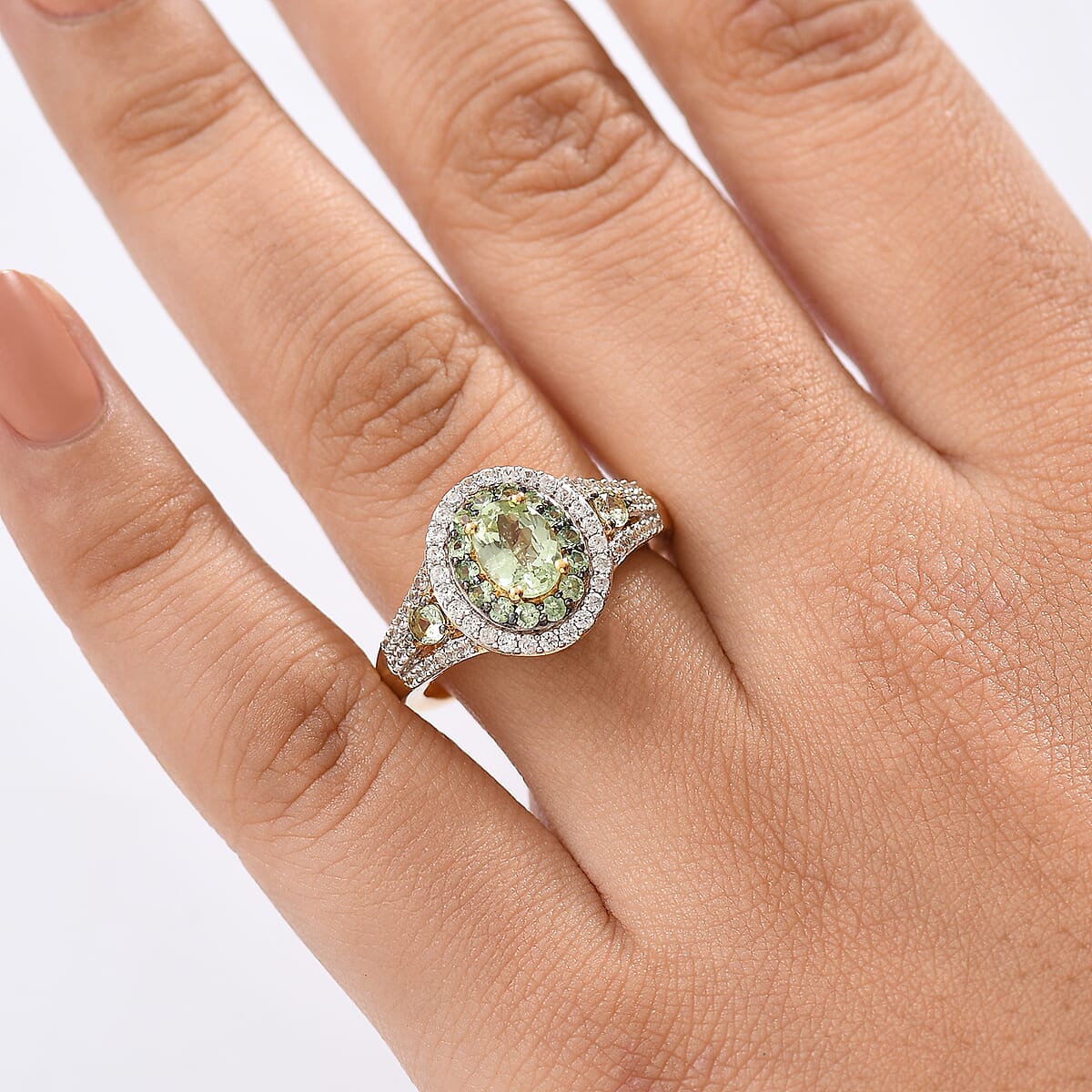 D'Joy Brazilian Mint Garnet and White Zircon 2.00 ctw Celestial Halo Ring in 18K Vermeil Yellow Gold Over Sterling Silver (Size 10.0) image number 2