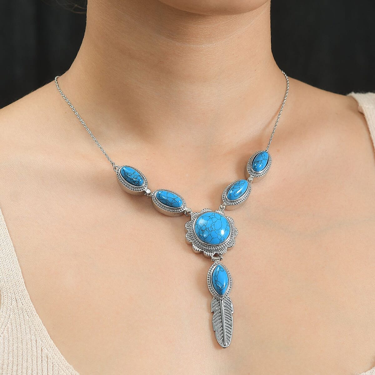 Blue Howlite 33.70 ctw Necklace 18 Inches in Stainless Steel image number 2