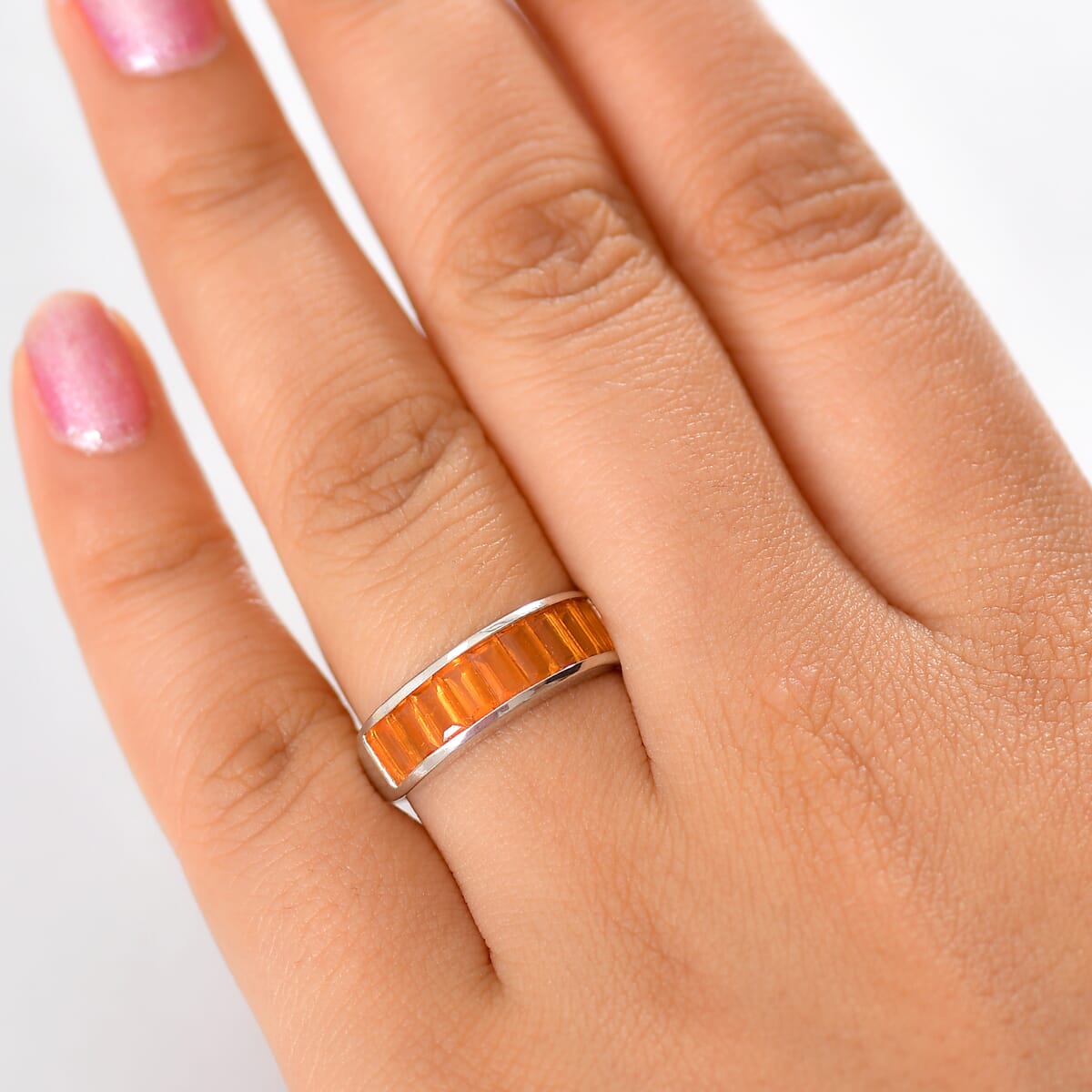 Jalisco Fire Opal 1.25 ctw Band Ring in Rhodium Over Sterling Silver (Size 5.0) image number 2