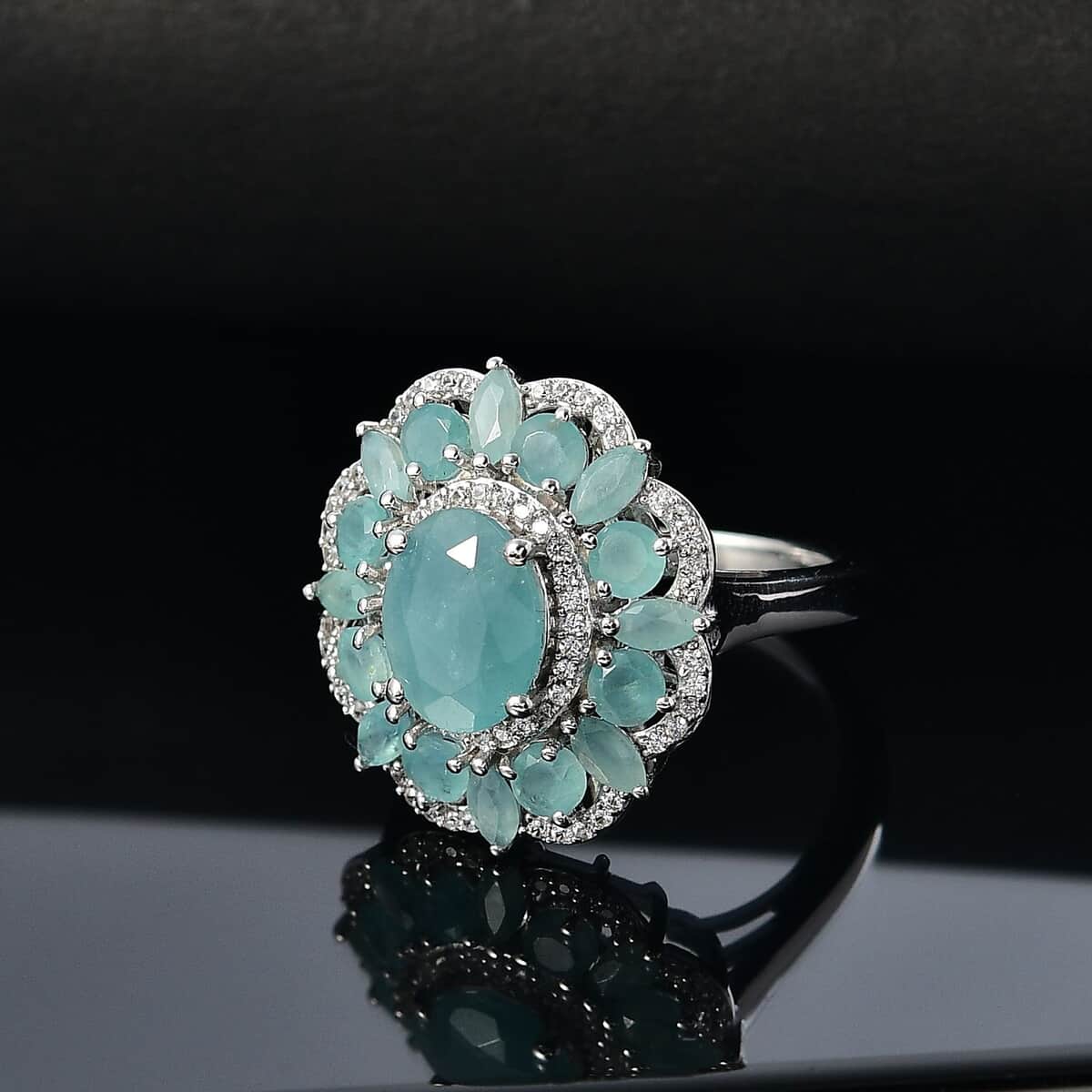 Grandidierite and White Zircon 4.25 ctw Camellia Spark Ring in Rhodium Over Sterling Silver (Size 10.0) image number 1