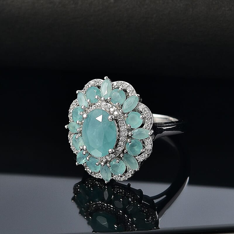 Grandidierite and White Zircon 4.25 ctw Camellia Spark Ring in Rhodium Over Sterling Silver (Size 10.0)