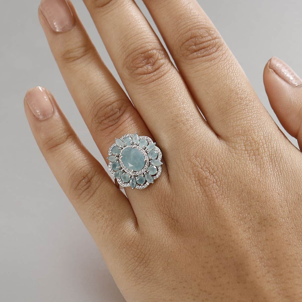 Grandidierite and White Zircon 4.25 ctw Camellia Spark Ring in Rhodium Over Sterling Silver (Size 10.0) image number 2