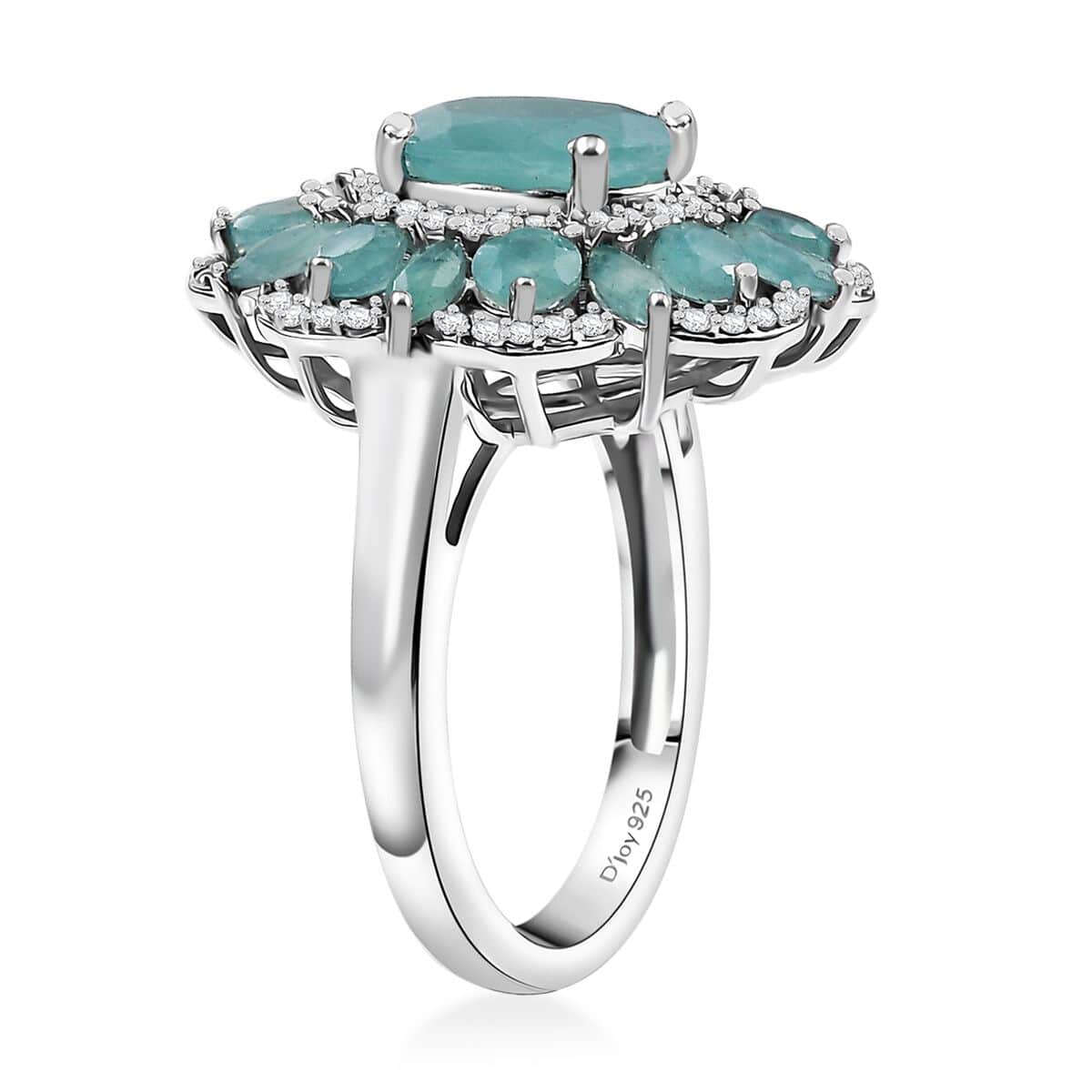 Grandidierite and White Zircon 4.25 ctw Camellia Spark Ring in Rhodium Over Sterling Silver (Size 10.0) image number 3