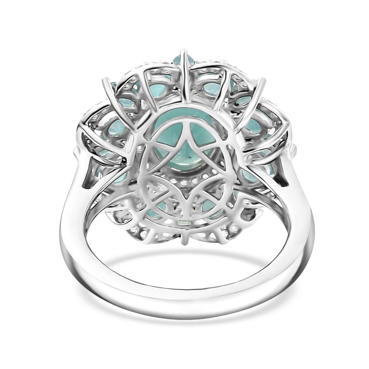 Grandidierite and White Zircon 4.25 ctw Camellia Spark Ring in Rhodium Over Sterling Silver (Size 10.0) image number 4