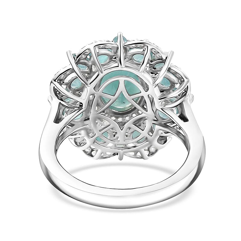Grandidierite and White Zircon 4.25 ctw Camellia Spark Ring in Rhodium Over Sterling Silver (Size 10.0)
