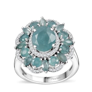 Grandidierite and White Zircon 4.25 ctw Camellia Spark Ring in Rhodium Over Sterling Silver (Size 6.0)